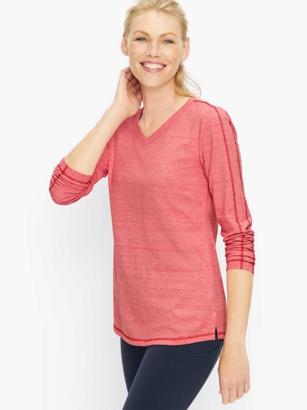 Talbots V Neck Long Sleeve Tee Shirt Coral Pink Red Stretchy Casual Comfy Top